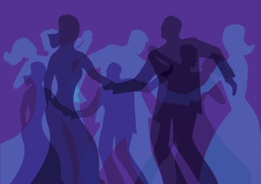 Balo dansı, dans partisi siluetleri. Dans eden genç çiftlerin siluetleri ile mor arka plan. Kullanılabilir vektör.