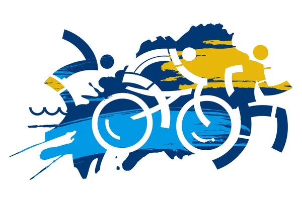 Triatlon Verseny Kifejező Stilizált Három Triatlon Sportoló Expresszív Háttérrel Vektor — Stock Vector