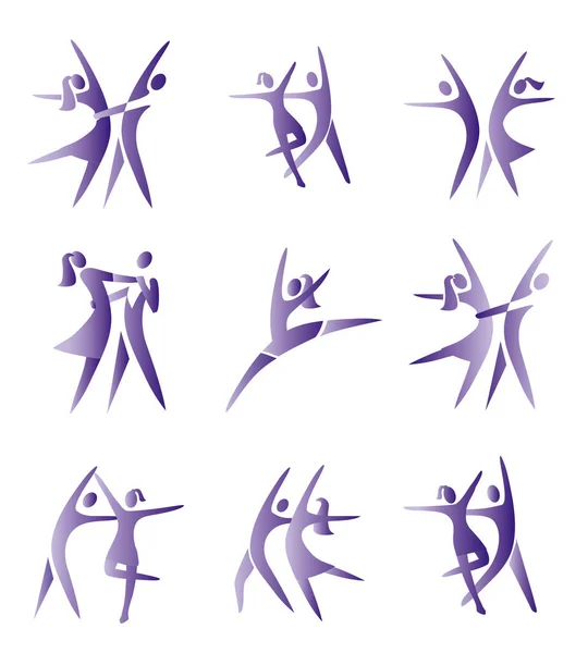 Couple Ballroom Dancing Icons Set Violet Symbols Isolated White Background — Stock Vector