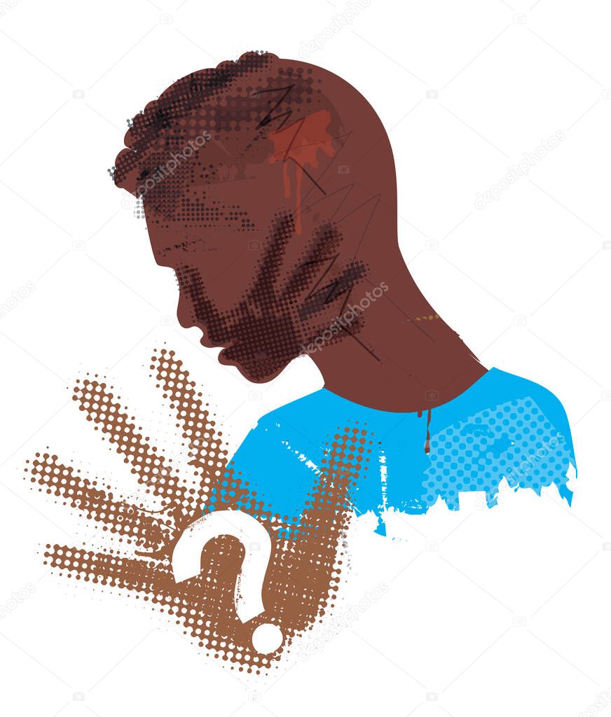 Desperate Black young man, Victim of violence and racism.Illustration of Stylized man grunge silhouette covering strike with hand print on the face. Vector available.