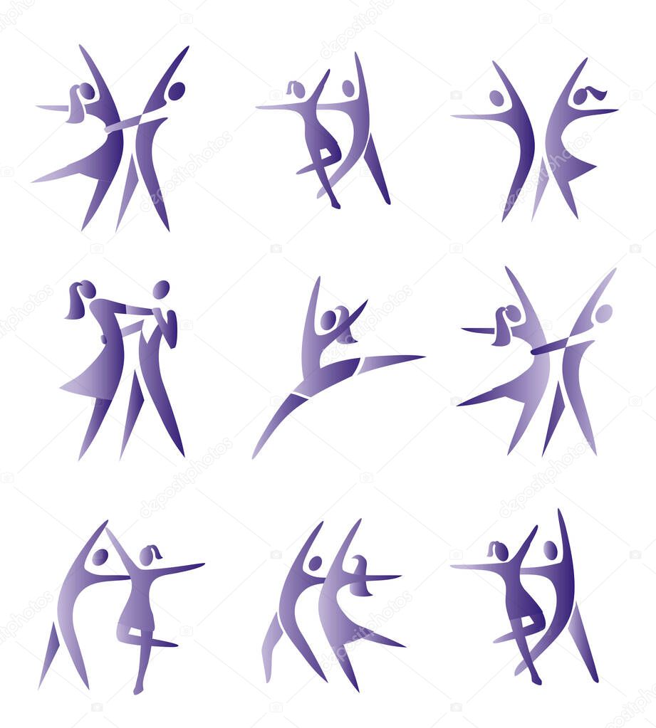 Couple ,ballroom dancing ,icons. Set of violet symbols.Isolated on white background. Vector available.