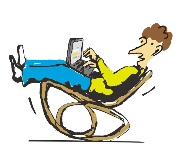 ノートパソコンを持った男がロッキングチェアに座ってる 自宅のノートパソコンで働く笑顔の男の表情豊かなイラスト ベクトル利用可能 — ストックベクタ