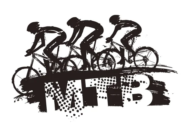Гірські Велосипедисти Написом Mtb Виразний Гранж Стилізована Ілюстрація Трьох Гірських — стоковий вектор