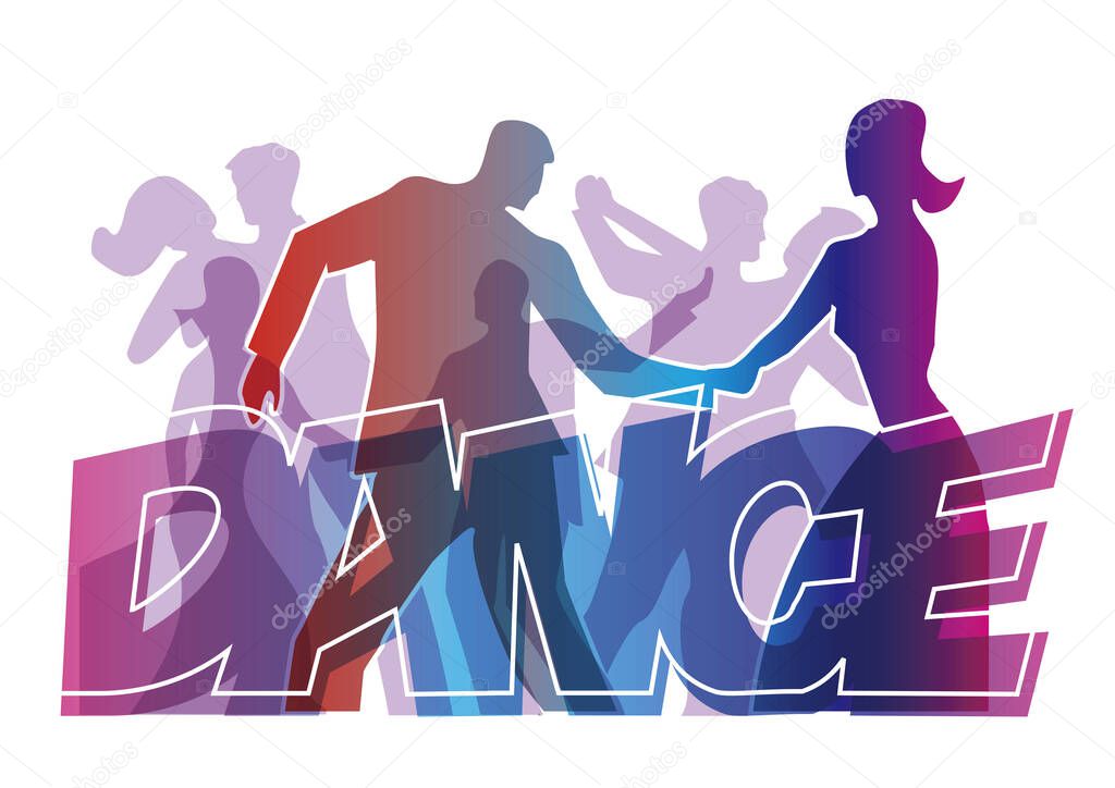 Dancing people, dance party.Dancing couples with DANCE inscription. Stylized Illustration of dancers.Isolated on white background. Vector available.