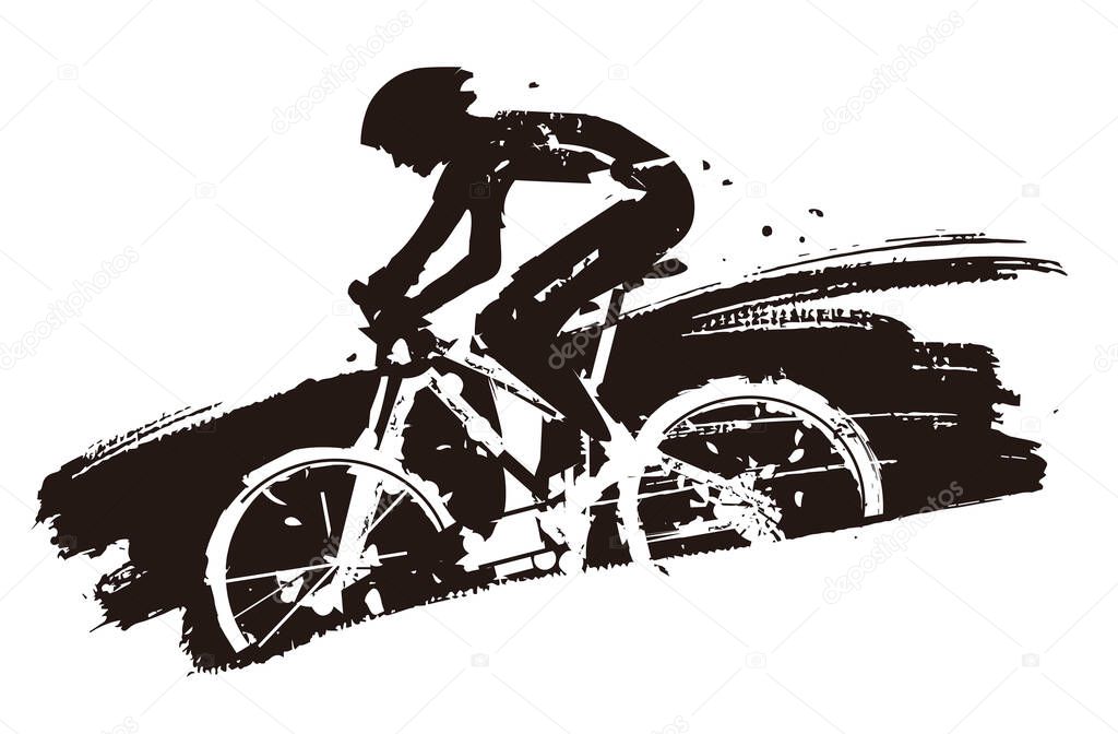Mountain biker in full speed.Expressive grunge stylized illustration of mountain bike cyclist. Vector available.