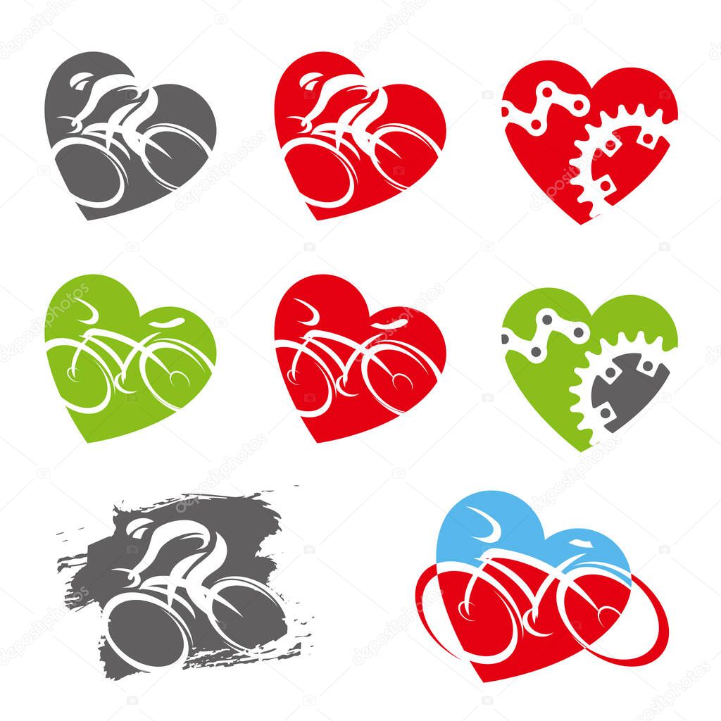 Cycling icons in heart shape.Set of colorful symbols with cyclists and cycling elements. Vector available.