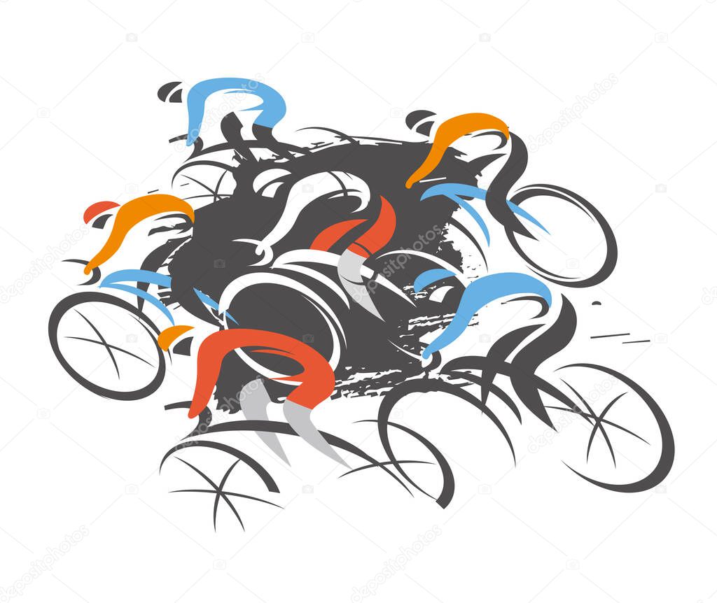 Cycling competitors group, full speed. Expressive stylized colorful drawing of road cyclists, imitating drawing ink and brush. Vector available