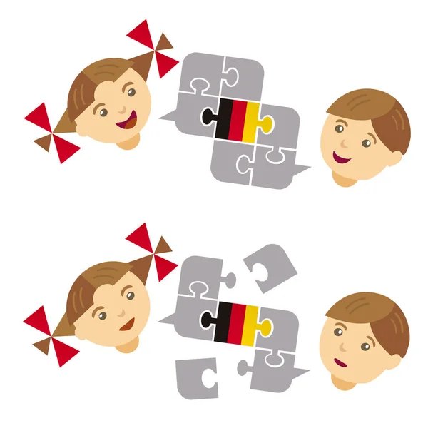 Two Children German Lesson Dialog Illustration Little Boy Girl Puzzle — Stock Vector