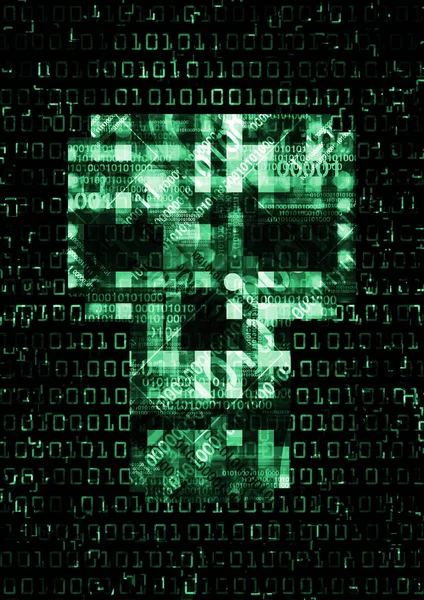 頭蓋骨記号 コンピュータウイルス 緑の背景 アブストラクトのイラスト破壊されたバイナリコードを持つ頭蓋骨記号 ウェブハッキング オンライン海賊の概念 — ストック写真