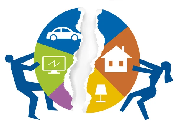 Geschiedenes Paar Aufteilung Des Vermögens Illustration Eines Paares Das Papierkuchendiagramm — Stockvektor