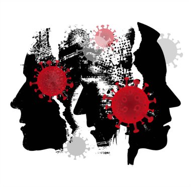 Coronavirus hastalığı, pandemik. Siyah erkek başları, profilde ve koronavirüste gösterilen şekillendirilmiş siluetlerin grunge anlamlı bileşimi. İllüstrasyon salgını simgeliyor COVID 19.