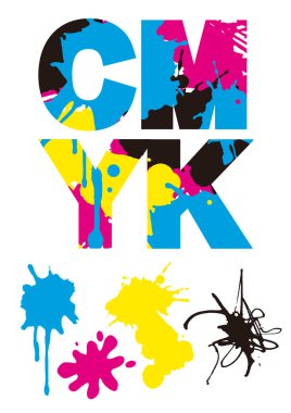 Renkli sıçramalı Cmyk yazıtları. Beyaz arkaplanda resimler. Renk yazdırma konsepti. Kullanılabilir vektör.