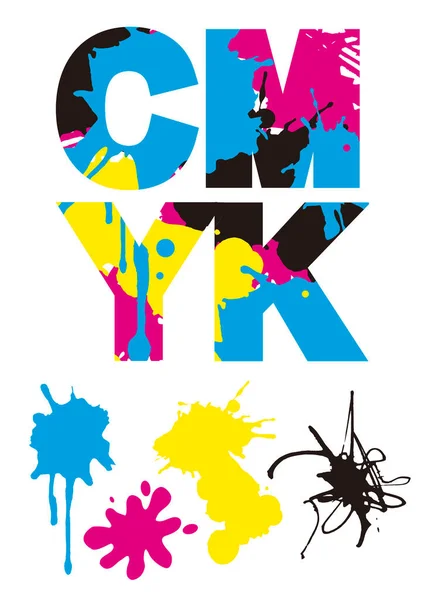 Cmyk Inscription Colorful Splatters Illustration White Background Concept Presenting Color — Stock Vector