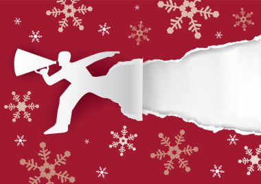 Kırmızı arka planda kar taneleri olan megafonlu bir adam. İllüstrasyon orijinal kış uçuşu ya da afiş için uygundur. Metin veya resim için yer. Kullanılabilir vektör.