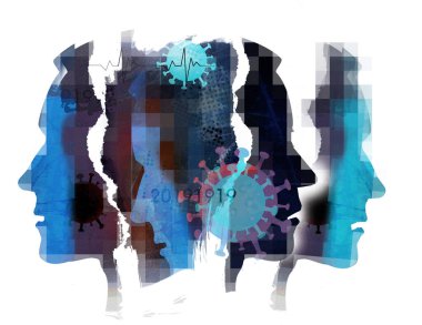 Koronavirüs salgını, depresyon, insan kafası kolajı. Erkek başları, profilde gösterilen biçimlendirilmiş siluetlerin grunge anlamlı kompozisyonu. COVID 19 'un insan felâketini sembolize ediyor..