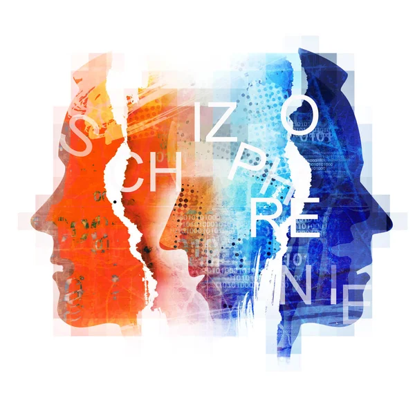 Male head silhouettes with Schizophrenia inscription, Ripped paper Male head silhouettes. Concept symbolizing schizophrenia, dementia, depression.