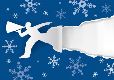 Mavi yırtık kağıttan arka planda megafonu olan kar taneleri olan bir adam. İllüstrasyon orijinal kış uçuşu ya da afiş için uygundur. Metin veya resim için yer. Vektör availa