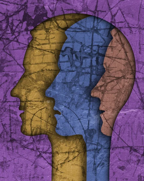 Schizophrenia male head silhouette.Illustration with three stylized male heads on grunge texture symbolizing schizophrenia Depression,bipolar disorder.