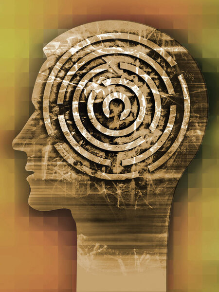 Man profile,Labyrinth of difficult life.Male head stylized silhouette on the scratched wall with maze symbolizing life stories.