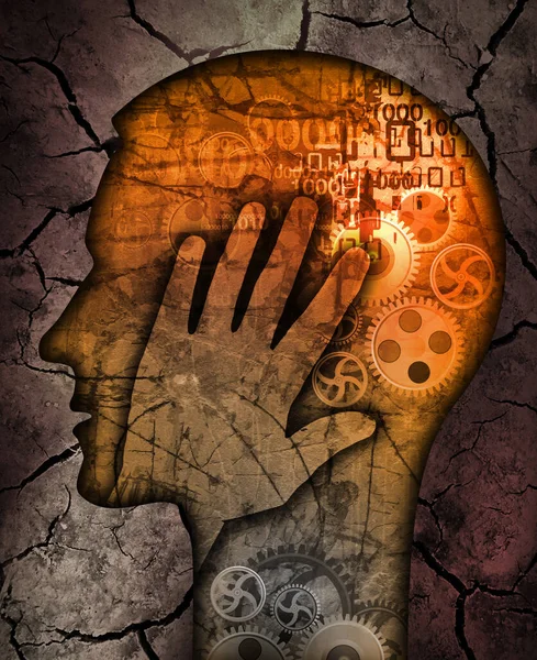 Stressed Man Burn Out Syndrome Stylized Male Head Silhouette Gear — Stock Photo, Image