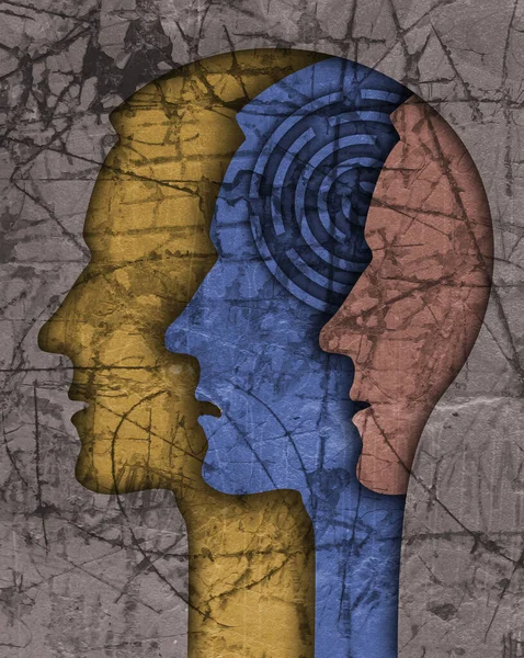 Schizophrenia male head silhouette.Illustration with three stylized male heads on grunge texture symbolizing schizophrenia Depression,bipolar disorder
