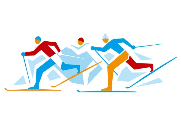 Cross Country Ski Race Een Gestileerde Tekening Van Drie Langlaufers — Stockvector