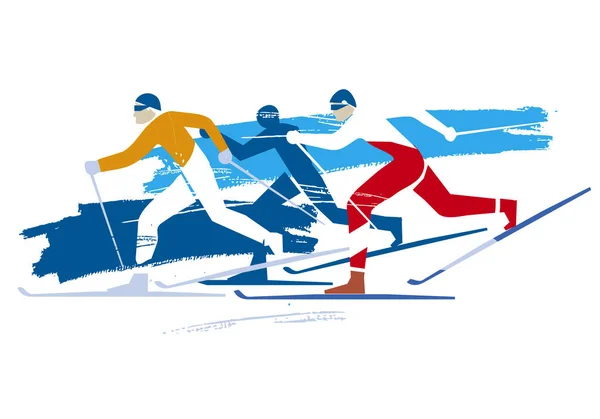 Esquiadores Fondo Expresivo Dibujo Estilizado Tres Competidores Esquí Fondo Vector — Vector de stock