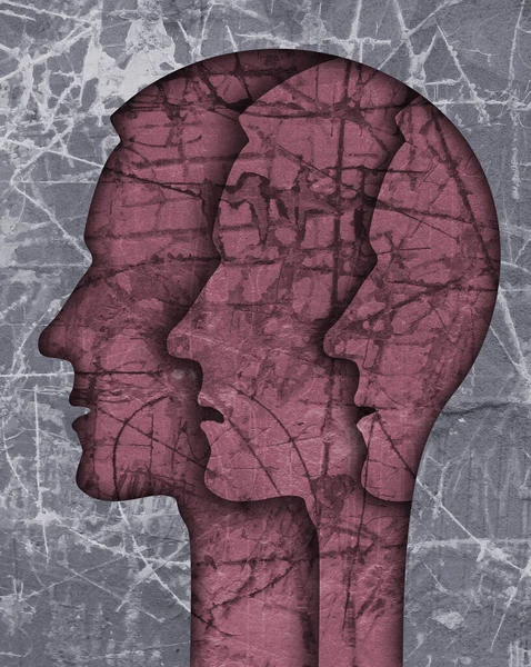 統合失調症男性の頭のシルエット 統合失調症うつ病 双極性障害を象徴するグランジテクスチャ上の3つの様式化された男性の頭のイラスト — ストック写真