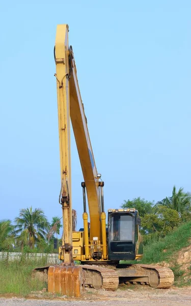 Heavy Yellow Excavator Long Boom Standing Floor Sand — Stock Photo, Image