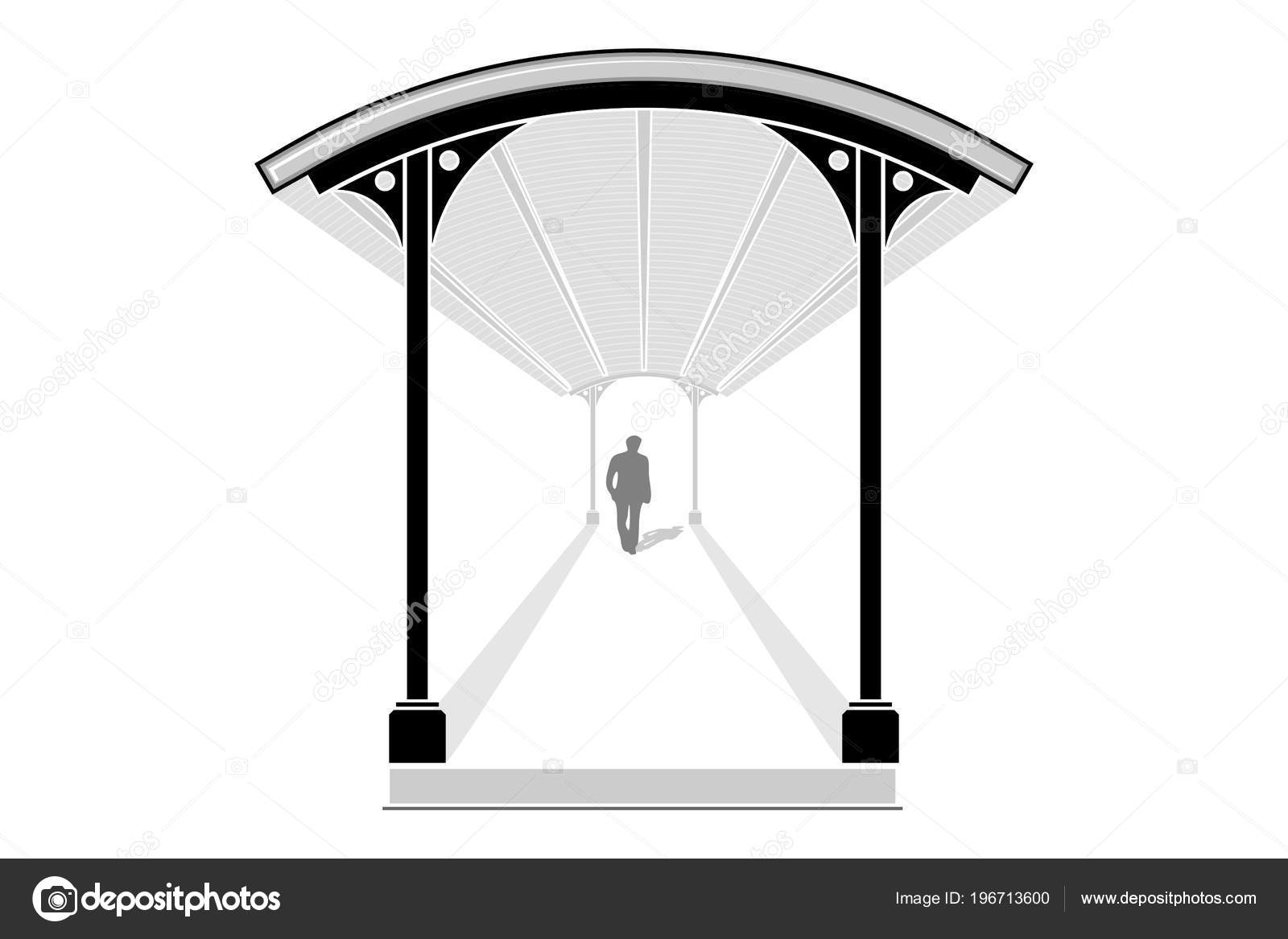 Men Walking Covered Walkway Leading Lines Vector Illustration Stock