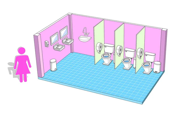 Baño Público Para Mujer Con Instalaciones Vista Isométrica Ilustración Vectorial — Vector de stock