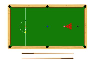 Düz çizgi film snooker tablo, Bilardo topu kümesi, kahverengi ahşap masa ve beyaz arka plan üzerinde vektör illüstrasyon izole sufle