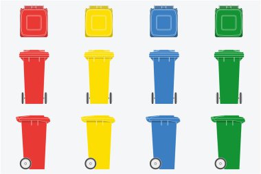 Wheelie bin izole beyaz arka plan, düz tasarım, vektör çizim seti