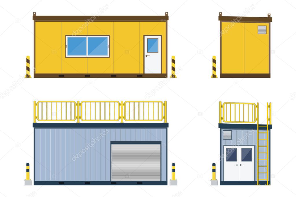 Container office construction site with container storage isolated on white background, vector illustration