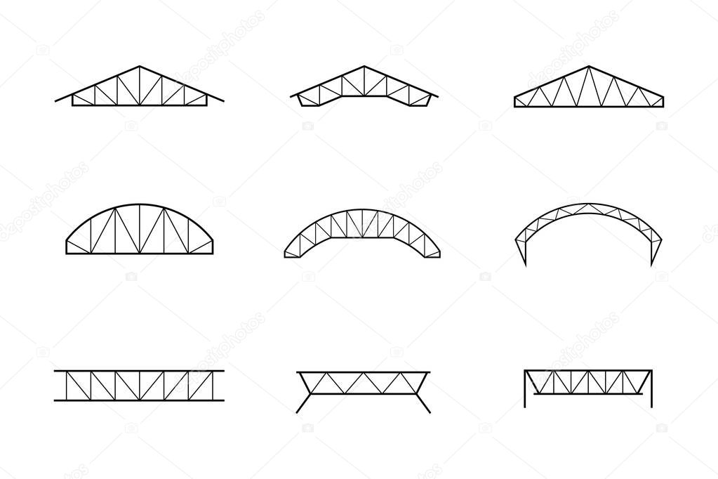 Silhouette of roofing steel frame, set of truss icon vector illustration
