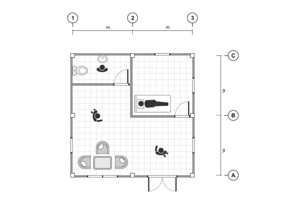 Vista Superior Desenho Contorno Preto Branco Plano Casa Simples Plano —  Vetores de Stock