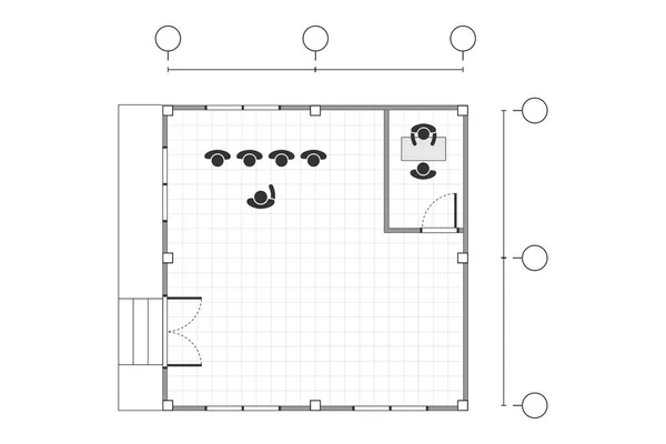 Vista Dall Alto Disegno Contorno Bianco Nero Pianta Dell Ufficio — Vettoriale Stock