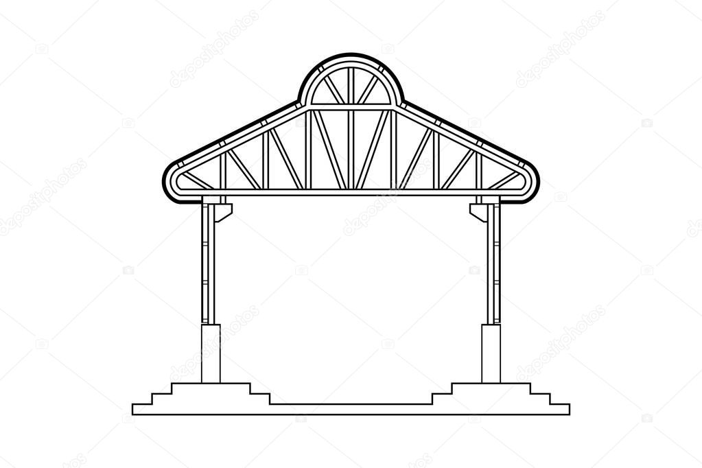Abstract outline drawing, space frame structure of warehouse with concrete stair vector illustration