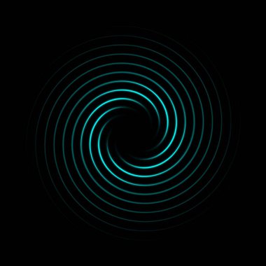 Siyah zeminde parlayan teal çizgi spirali, soyut arka plan
