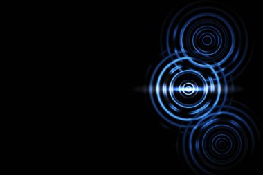 Siyah arka planda salınan mavi halkalar ses dalgaları ile soyut ışık efekti