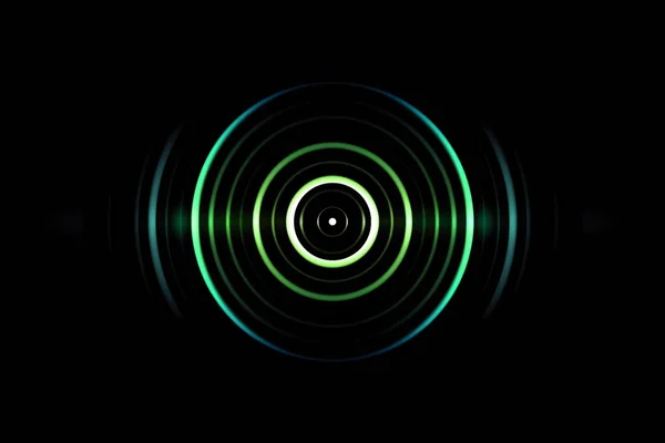 Abstract green circle effect with light blue rings sound waves oscillating on black background