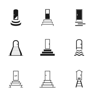 Set of black white door and stairs icon with front entrance and exit for the input and output, vector illustration vector Set of black white door and stairs icon with front entrance and exit for the input and output, vector illustration vector