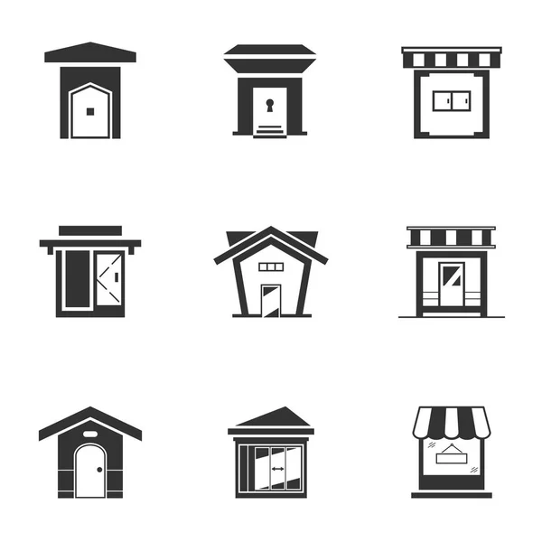 Conjunto Icono Bungalow Blanco Negro Edificio Tiendas Monocromas Casa Estilo — Vector de stock