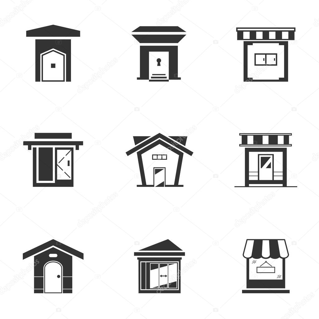 Set of black and white bungalow icon. Monochrome shop building. House modern style, vector illustration