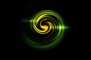 Siyah arka planda parlak kıvrımlı yeşil bir ateş. Işık daireleri ışık efektiyle parlayan spiral, soyut arkaplan 