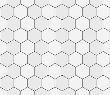 Soyut dikişsiz desen, beyaz gri seramik döşemeler. Beton altıgen kaldırım blokları. Banyonun dekorasyonu için geometrik mozaik doku tasarımı, vektör illüstrasyonu