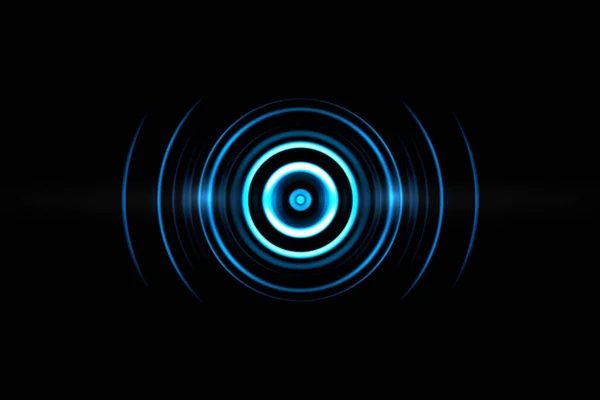 Abstract neon light blue circle effect with sound waves oscillating on black background