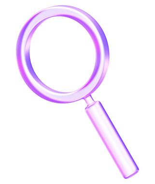 Mor ve mavi renkte en az 3 boyutlu cam büyüteç. Dijital tasarım, UI elemanları ve soyut dekorasyon için ideal