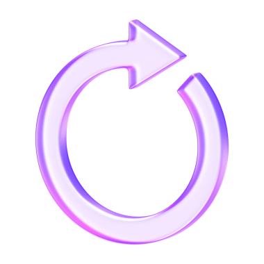 Üç boyutlu camsmorfizm mor renkte tek dairesel ok. Dönüşü, dönüşü ve modern dijital tasarımı temsil eden parlak bir sembol