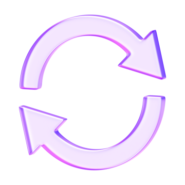 Mor renkte üç boyutlu camsmorfizm dairesel oklar. Döngü, dönüş, navigasyon ve soyut dijital elementler için modern minimal sembol